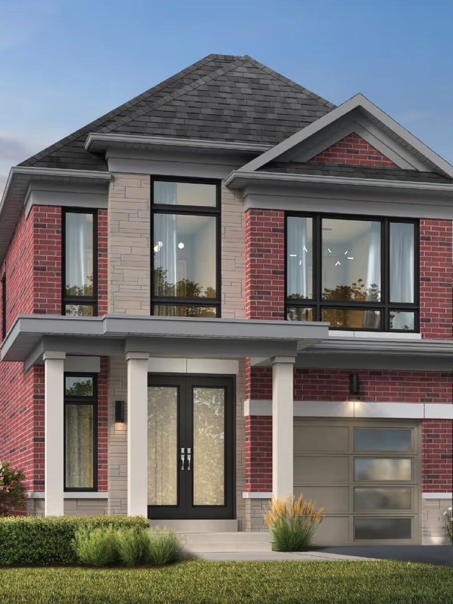 A rendering of new brick-and-glass towns stepping up a landscaped slope